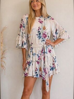 Label‎ Of Love Floral Bird Peasant Ruffle High Neck Tie Waist Mini Dress Size 10
